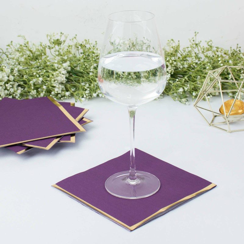 50 Pack Purple Soft 2 Ply Paper Beverage Napkins with Gold Foil Edge, Disposable Cocktail Napkins – 6.5″x6.5″  |   Paper Napkins Paper Napkins Paper Napkins