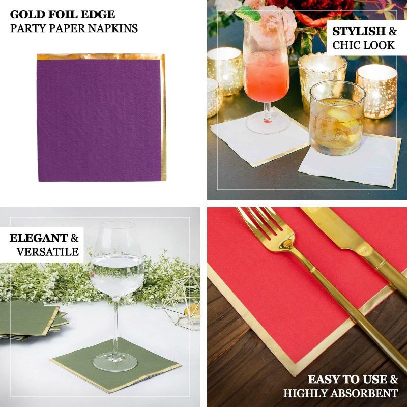 50 Pack Purple Soft 2 Ply Paper Beverage Napkins with Gold Foil Edge, Disposable Cocktail Napkins – 6.5″x6.5″  |   Paper Napkins Paper Napkins Paper Napkins