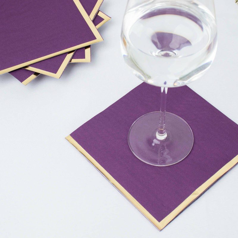 50 Pack Purple Soft 2 Ply Paper Beverage Napkins with Gold Foil Edge, Disposable Cocktail Napkins – 6.5″x6.5″  |   Paper Napkins Paper Napkins Paper Napkins