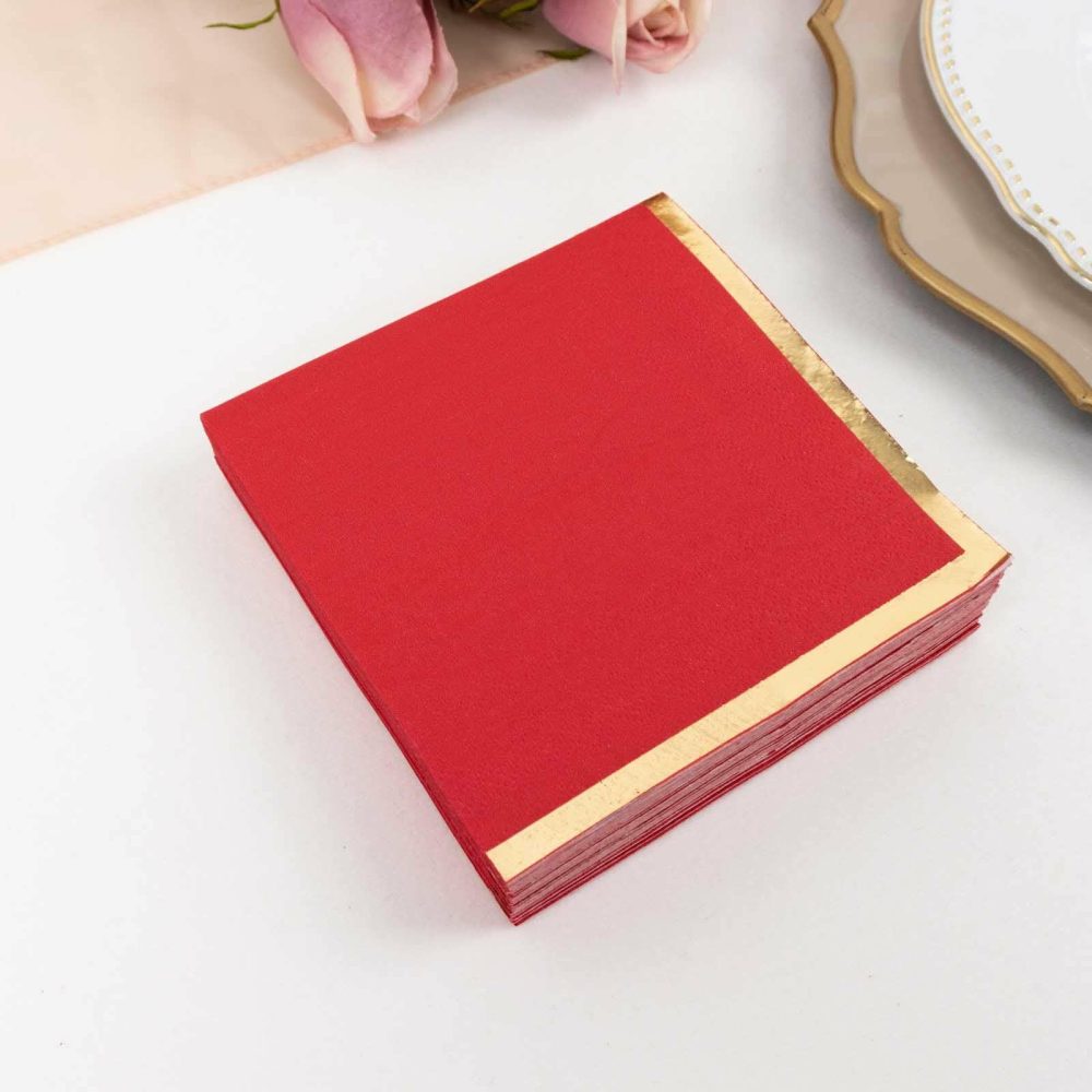 50 Pack Red Paper Beverage Napkins with Gold Foil Edge, Soft 2 Ply Disposable Cocktail Napkins – 5″x5″  |   Paper Napkins Paper Napkins Paper Napkins