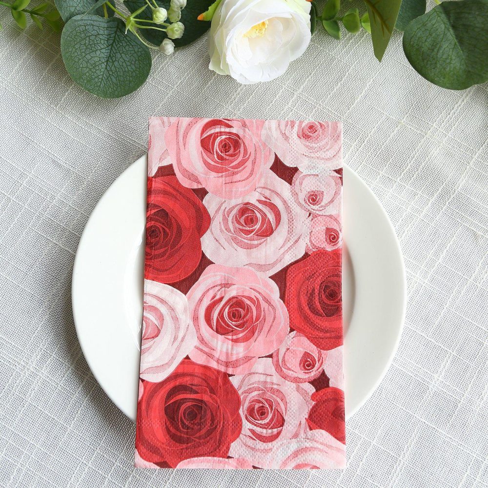 50 Pack Red Pink Floral Rose Design Paper Napkins, Soft 2-Ply Elegant Garden Disposable Dinner Napkins  |   Paper Napkins Paper Napkins Paper Napkins