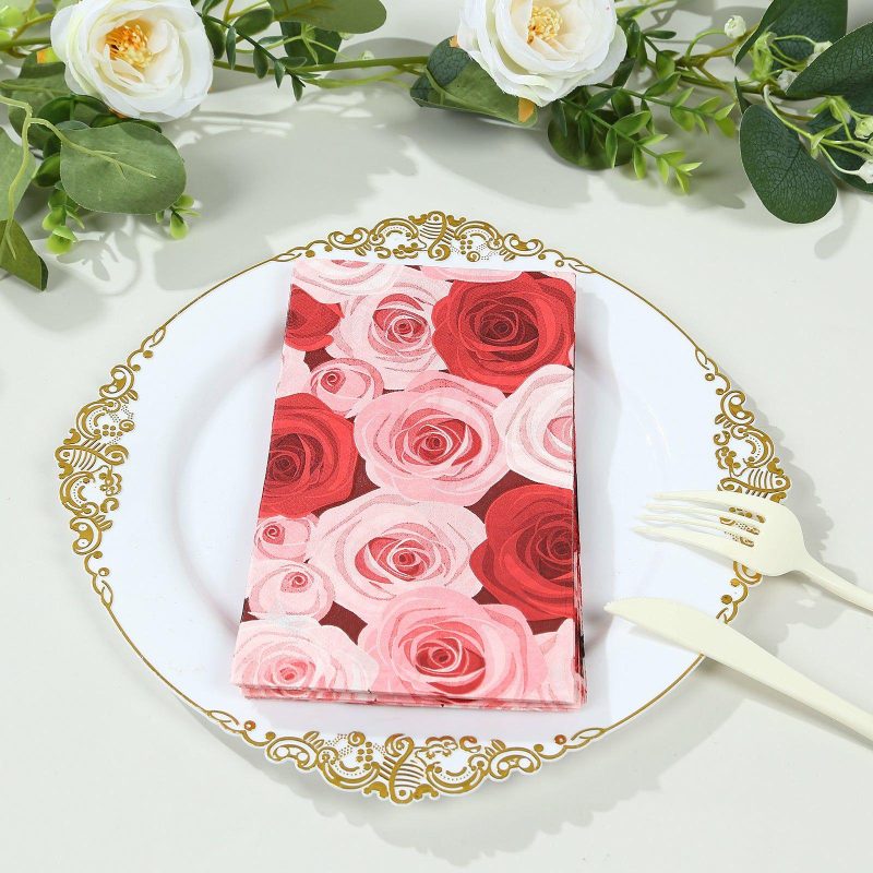 50 Pack Red Pink Floral Rose Design Paper Napkins, Soft 2-Ply Elegant Garden Disposable Dinner Napkins  |   Paper Napkins Paper Napkins Paper Napkins