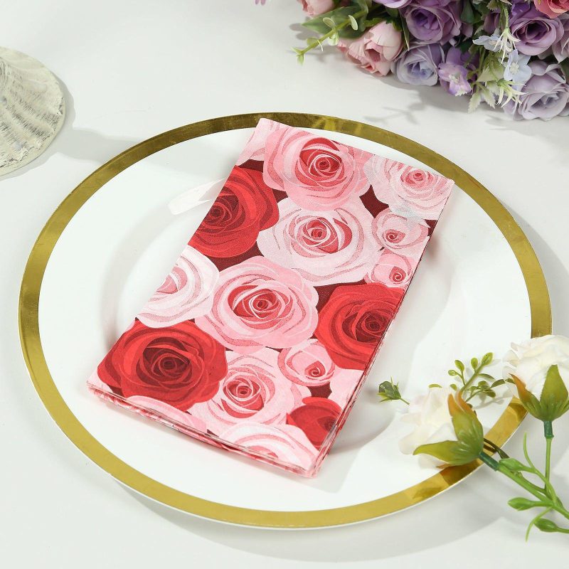 50 Pack Red Pink Floral Rose Design Paper Napkins, Soft 2-Ply Elegant Garden Disposable Dinner Napkins  |   Paper Napkins Paper Napkins Paper Napkins