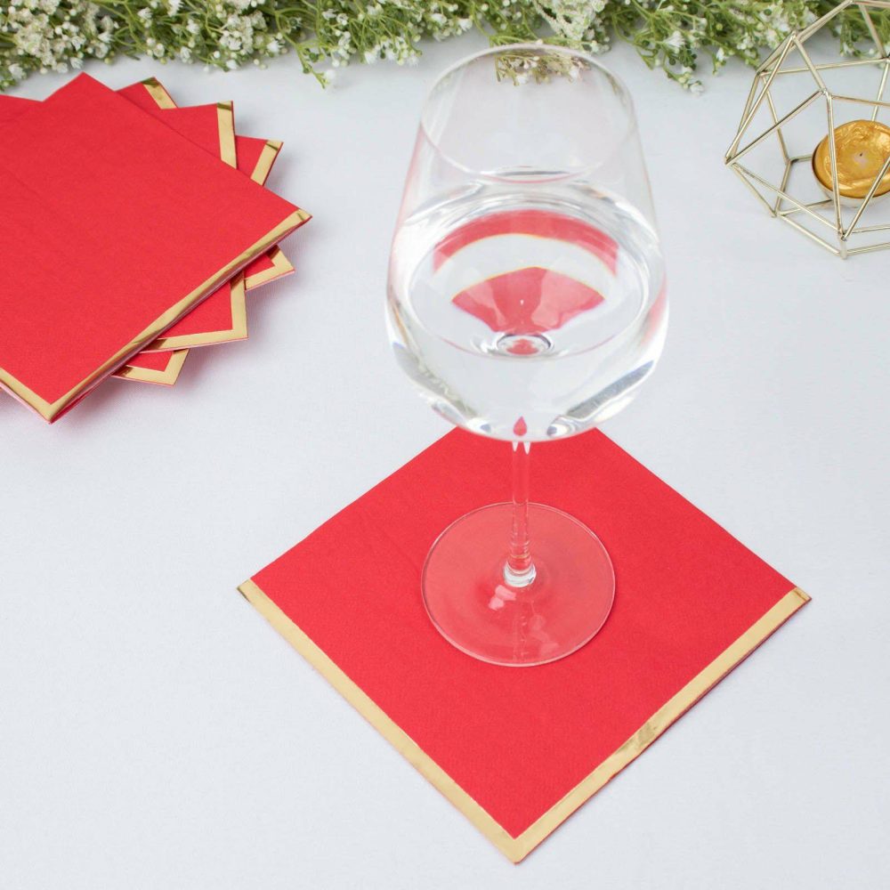 50 Pack Red Soft 2 Ply Paper Beverage Napkins with Gold Foil Edge, Disposable Cocktail Napkins – 6.5″x6.5″  |   Paper Napkins Paper Napkins Paper Napkins