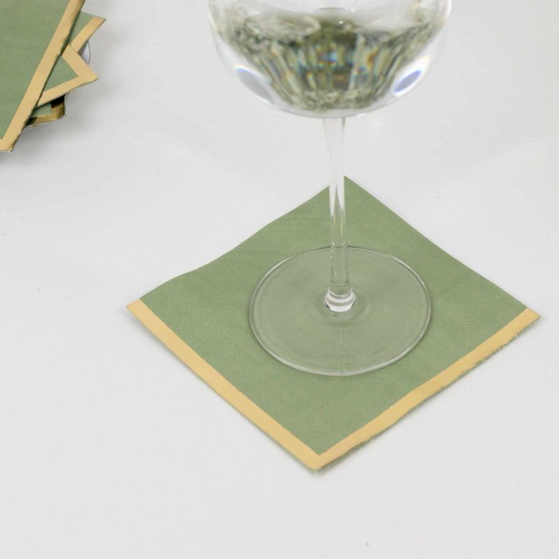 50 Pack Sage Green Paper Beverage Napkins with Gold Foil Edge, Soft 2 Ply Disposable Cocktail Napkins – 5″x5″  |   Paper Napkins Paper Napkins Paper Napkins