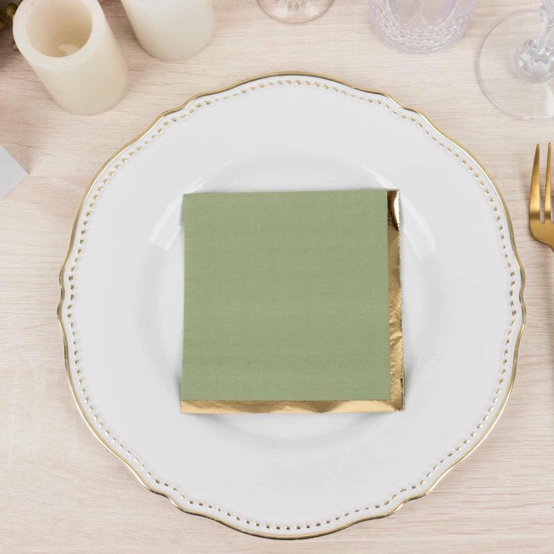 50 Pack Sage Green Paper Beverage Napkins with Gold Foil Edge, Soft 2 Ply Disposable Cocktail Napkins – 5″x5″  |   Paper Napkins Paper Napkins Paper Napkins