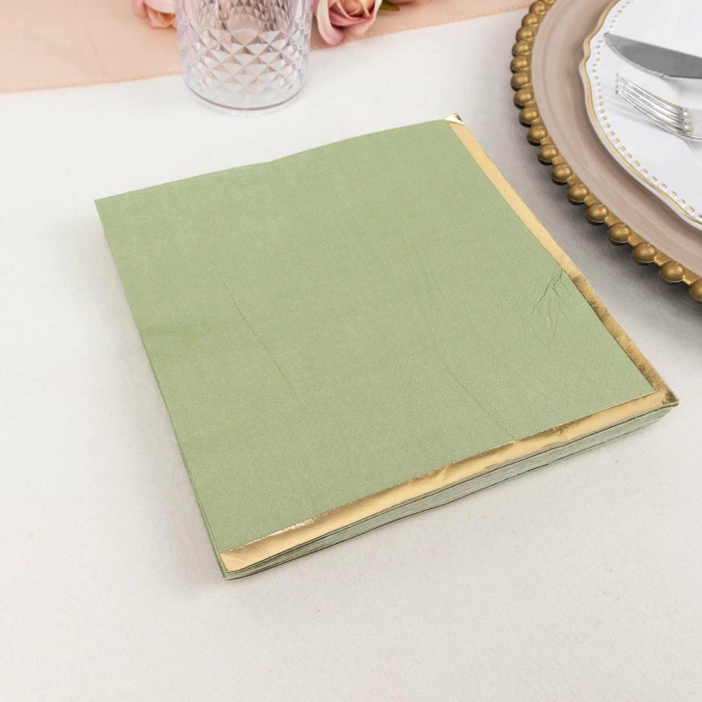 50 Pack Sage Green Soft 2 Ply Paper Beverage Napkins with Gold Foil Edge, Disposable Cocktail Napkins – 6.5″x6.5″  |   Paper Napkins Paper Napkins Paper Napkins