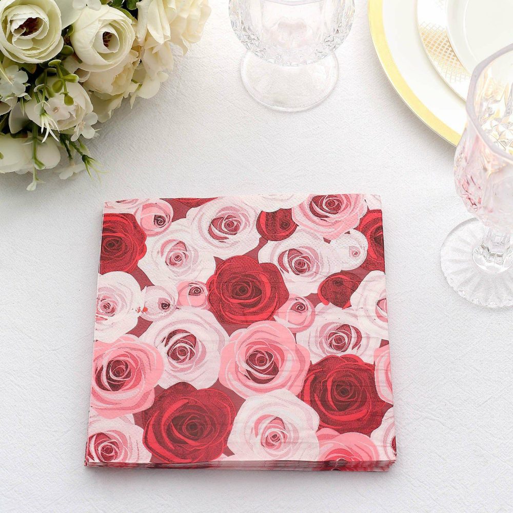 50 Pack Soft Red / Pink Floral Design Paper Beverage Napkins, Rose Garden Wedding Cocktail Napkins 18 GSM  |   Paper Napkins Paper Napkins Paper Napkins