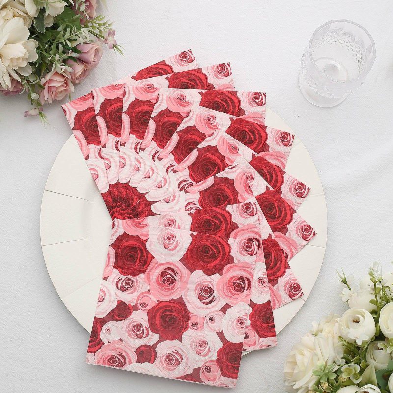 50 Pack Soft Red / Pink Floral Design Paper Beverage Napkins, Rose Garden Wedding Cocktail Napkins 18 GSM  |   Paper Napkins Paper Napkins Paper Napkins