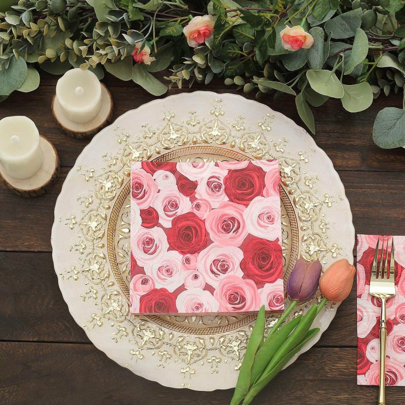 50 Pack Soft Red / Pink Floral Design Paper Beverage Napkins, Rose Garden Wedding Cocktail Napkins 18 GSM  |   Paper Napkins Paper Napkins Paper Napkins