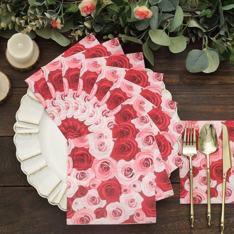 50 Pack Soft Red / Pink Floral Design Paper Beverage Napkins, Rose Garden Wedding Cocktail Napkins 18 GSM  |   Paper Napkins Paper Napkins Paper Napkins