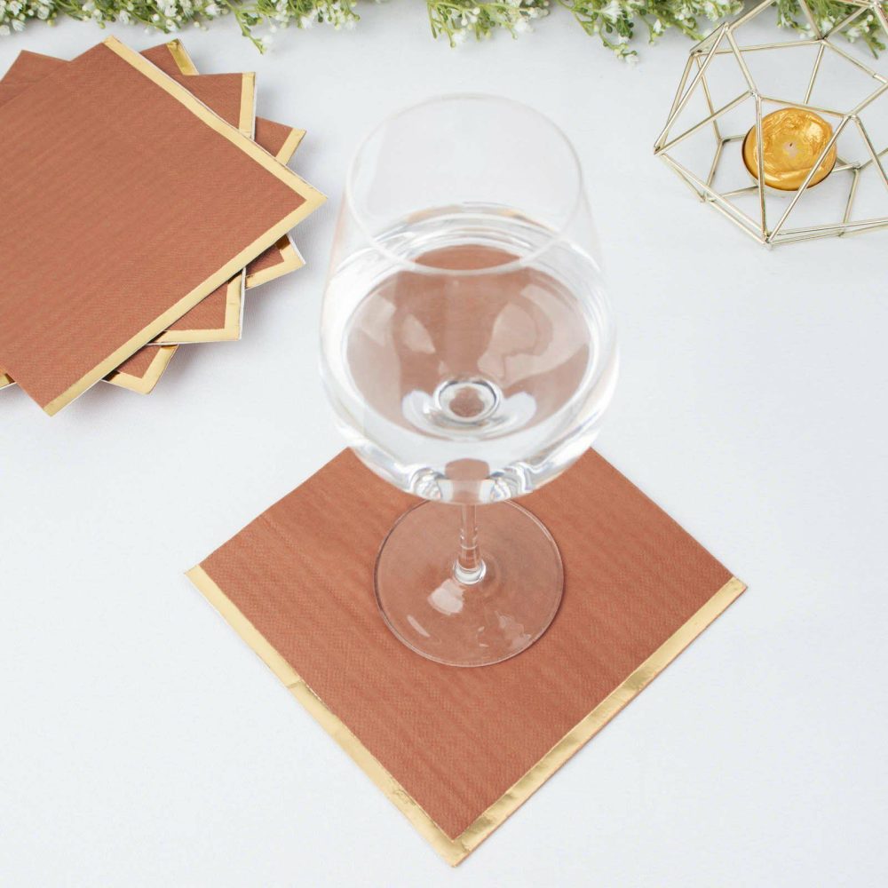 50 Pack Terracotta (Rust) Soft 2 Ply Paper Beverage Napkins with Gold Foil Edge, Disposable Cocktail Napkins – 6.5″x6.5″  |   Paper Napkins Paper Napkins Paper Napkins