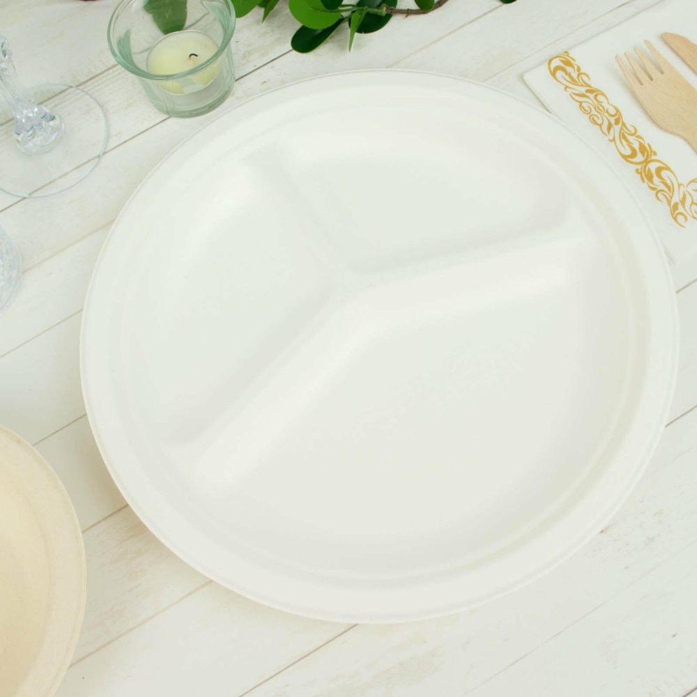 50 Pack White Biodegradable Bagasse 3-Compartment Dinner Plates, Eco Friendly Disposable Sugarcane Party Plates 10″  |   Eco-Friendly & Paper Plates Disposable Plates Eco-Friendly & Paper Plates