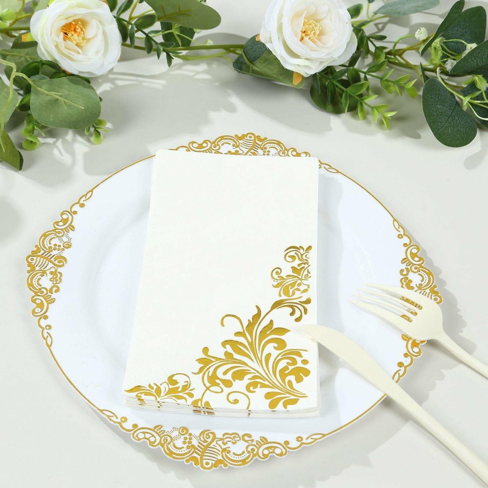 50 Pack White Gold Dinner Paper Napkins with Baroque Floral Print, Soft Disposable Party Napkins – 8″x4″  |   Paper Napkins Paper Napkins Paper Napkins