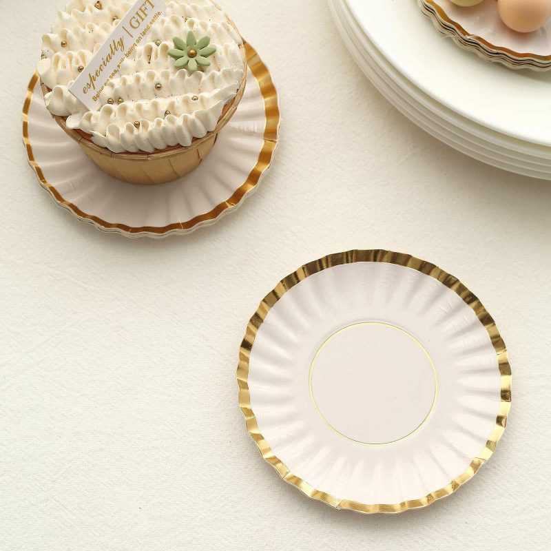 50 Pack White / Gold Scalloped Rim Mini Paper Dessert Plates, Disposable Round Tapas Party Plates 250 GSM 3.5″  |   Eco-Friendly & Paper Plates Disposable Plates Eco-Friendly & Paper Plates