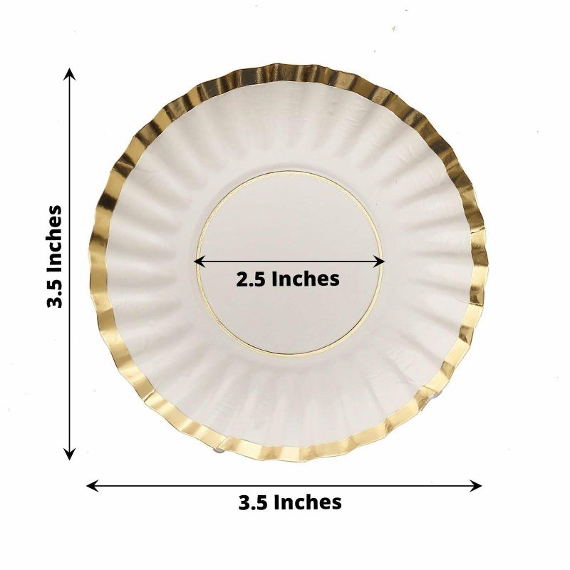 50 Pack White / Gold Scalloped Rim Mini Paper Dessert Plates, Disposable Round Tapas Party Plates 250 GSM 3.5″  |   Eco-Friendly & Paper Plates Disposable Plates Eco-Friendly & Paper Plates