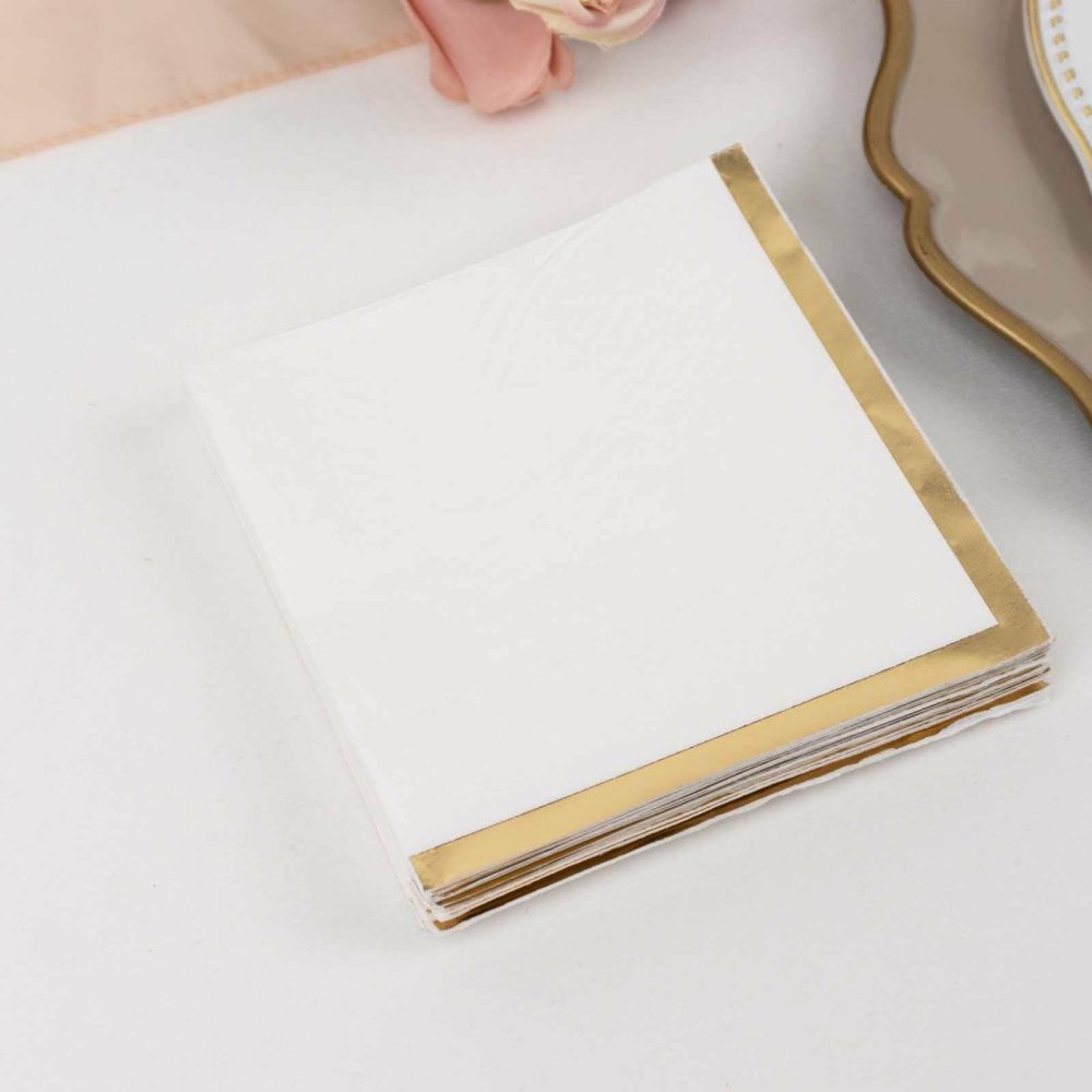 50 Pack White Paper Beverage Napkins with Gold Foil Edge, Soft 2 Ply Disposable Cocktail Napkins – 5″x5″  |   Paper Napkins Paper Napkins Paper Napkins