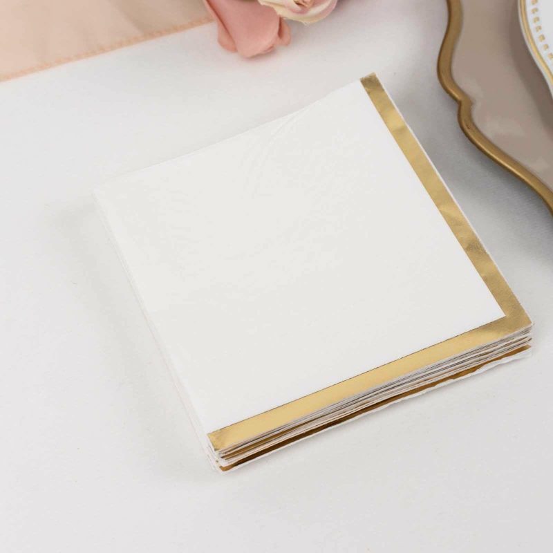 50 Pack White Paper Beverage Napkins with Gold Foil Edge, Soft 2 Ply Disposable Cocktail Napkins – 5″x5″  |   Paper Napkins Paper Napkins Paper Napkins