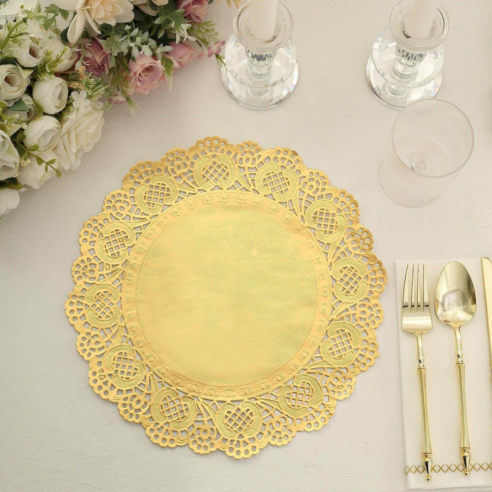 50 Pcs Gold Food Grade Paper Placemats, Round Lace Paper Doilies 12″  |   Disposable Chargers & Placemats Charger Plates Disposable Chargers & Placemats