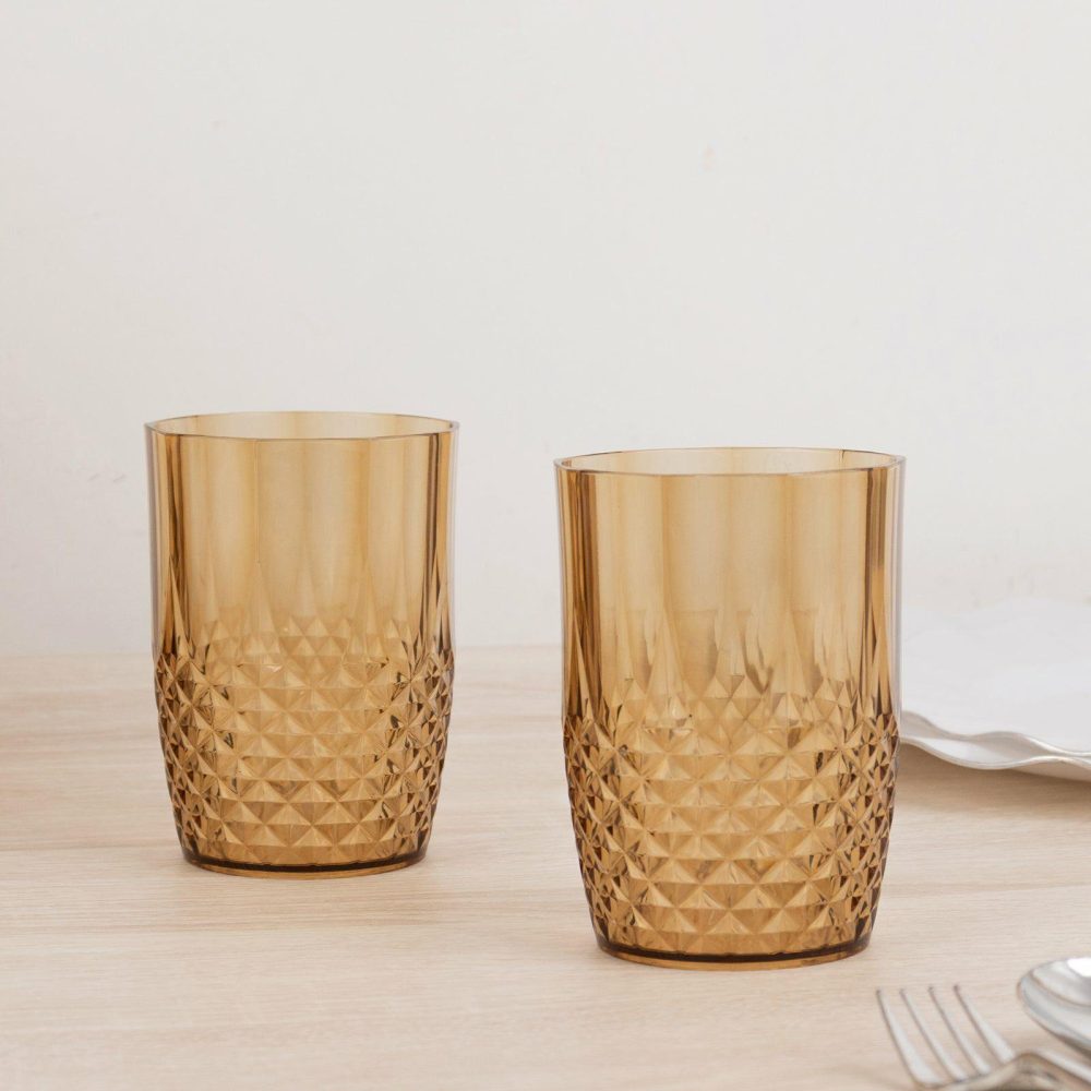 6 Pack Amber Gold Reusable Plastic All-Purpose Cups in Crystal Cut Style, Shatterproof Short Tumbler Glasses – 16oz  |   All Purpose Glasses & Tumblers All Purpose Glasses & Tumblers All Purpose Glasses & Tumblers