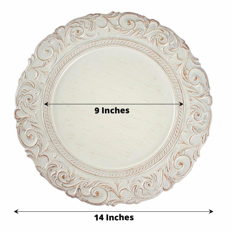 6 Pack Antique White / Gold Vintage Plastic Serving Plates With Engraved Baroque Rim, Round Disposable Charger Plates 14″  |   Acrylic Charger Plates Acrylic Charger Plates Acrylic Charger Plates