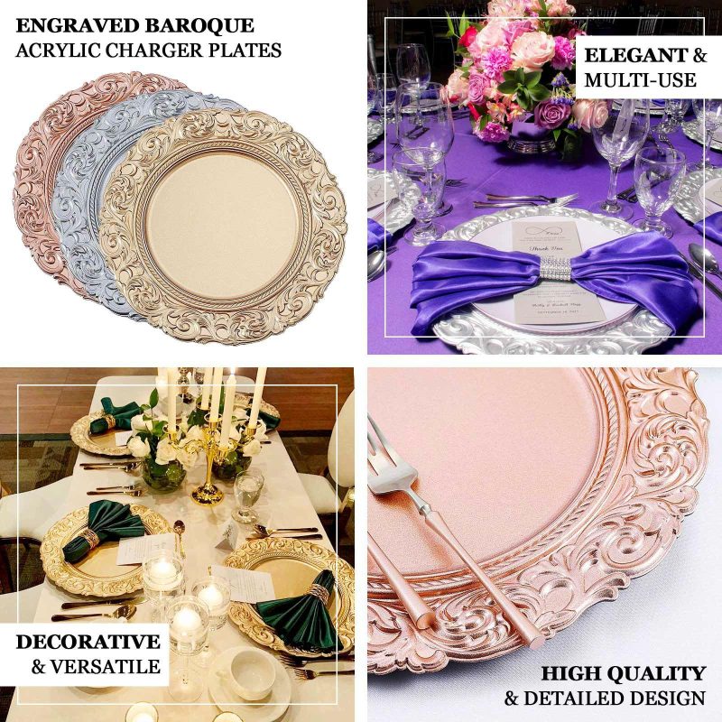 6 Pack Antique White / Gold Vintage Plastic Serving Plates With Engraved Baroque Rim, Round Disposable Charger Plates 14″  |   Acrylic Charger Plates Acrylic Charger Plates Acrylic Charger Plates