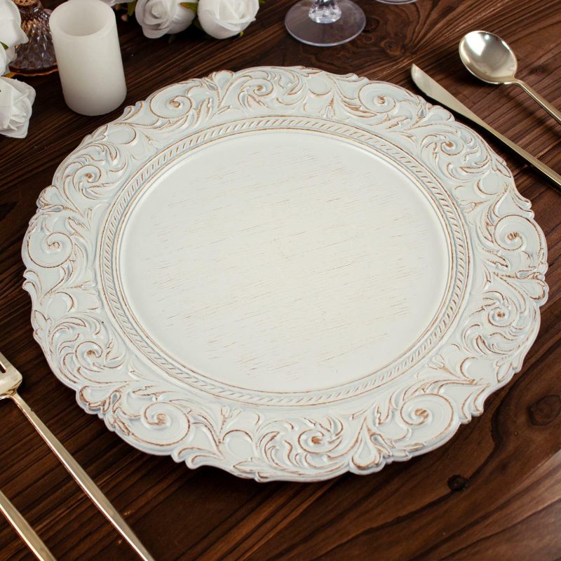 6 Pack Antique White / Gold Vintage Plastic Serving Plates With Engraved Baroque Rim, Round Disposable Charger Plates 14″  |   Acrylic Charger Plates Acrylic Charger Plates Acrylic Charger Plates