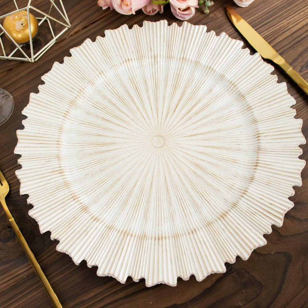 6 Pack Antique White Sunray Acrylic Plastic Serving Plates, Round Scalloped Rim Disposable Charger Plates 13″  |   Acrylic Charger Plates Acrylic Charger Plates Acrylic Charger Plates