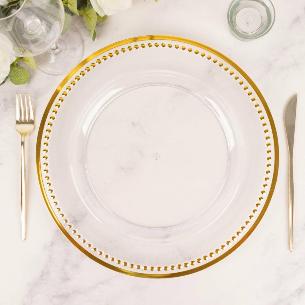 6 Pack Beaded Gold Clear Acrylic Charger Plate, Plastic Round Dinner Charger Event Tabletop Decor 13″  |   Acrylic Charger Plates Acrylic Charger Plates Acrylic Charger Plates