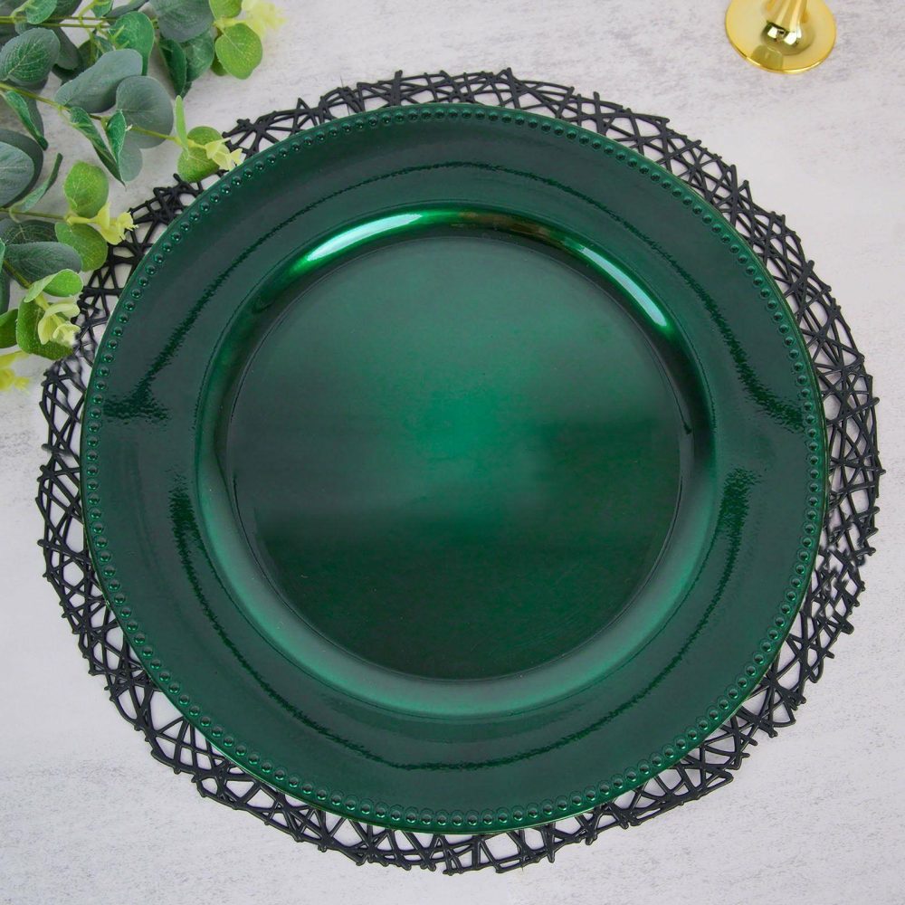 6 Pack Beaded Hunter Emerald Green Acrylic Charger Plate, Plastic Round Dinner Charger Event Tabletop Decor 13″  |   Acrylic Charger Plates Acrylic Charger Plates Acrylic Charger Plates