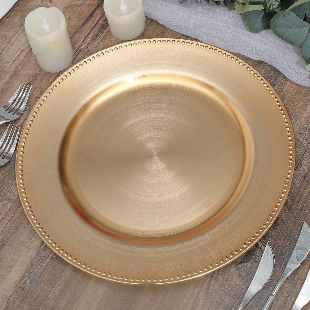 6 Pack Beaded Metallic Gold Acrylic Charger Plate, Plastic Round Dinner Charger Event Tabletop Decor 13″  |   Acrylic Charger Plates Acrylic Charger Plates Acrylic Charger Plates