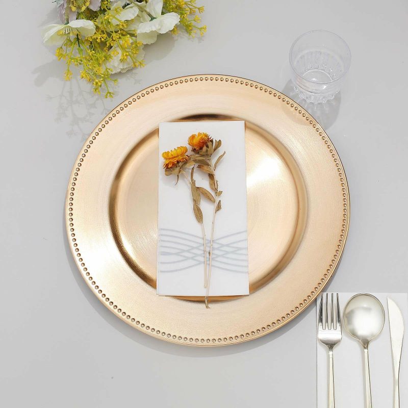 6 Pack Beaded Metallic Gold Acrylic Charger Plate, Plastic Round Dinner Charger Event Tabletop Decor 13″  |   Acrylic Charger Plates Acrylic Charger Plates Acrylic Charger Plates