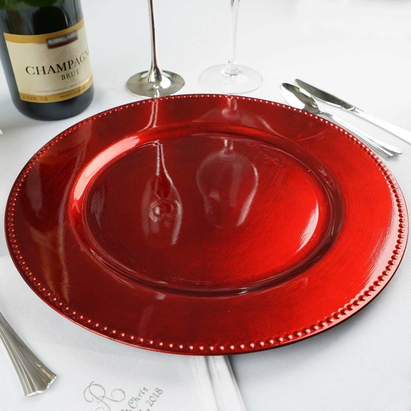 6 Pack Beaded Red Acrylic Charger Plate, Plastic Round Dinner Charger Event Tabletop Decor 13″  |   Acrylic Charger Plates Acrylic Charger Plates Acrylic Charger Plates