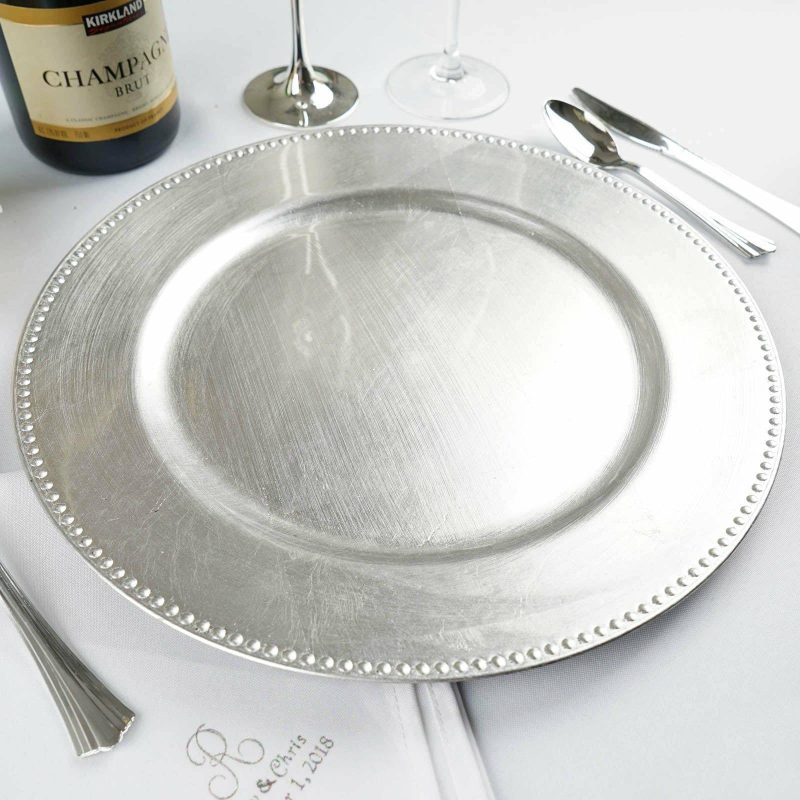 6 Pack Beaded Silver Acrylic Charger Plate, Plastic Round Dinner Charger Event Tabletop Decor 13″  |   Acrylic Charger Plates Acrylic Charger Plates Acrylic Charger Plates