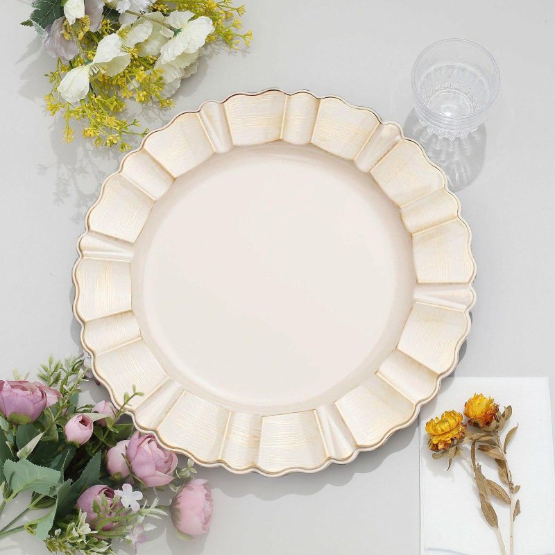 6 Pack Beige Acrylic Plastic Charger Plates With Gold Brushed Wavy Scalloped Rim 13″ Round  |   Acrylic Charger Plates Acrylic Charger Plates Acrylic Charger Plates