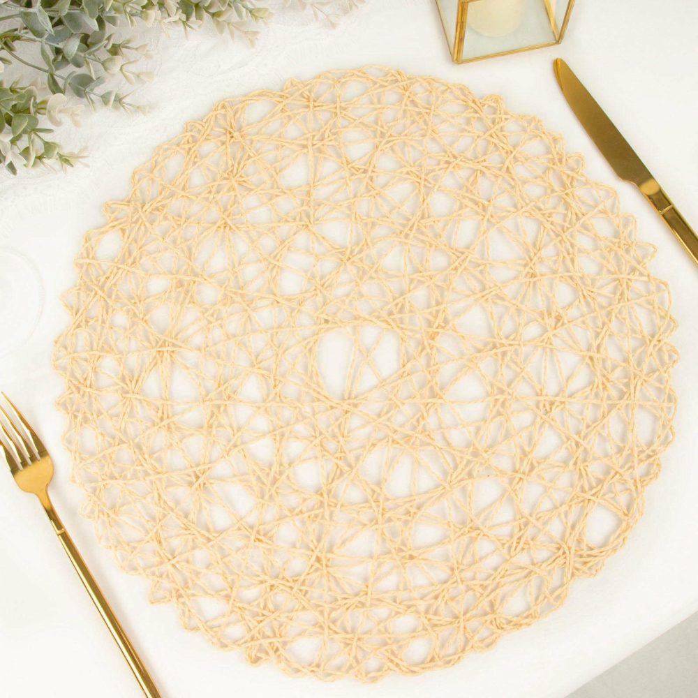 6 Pack Beige Woven Fiber Placemats, Round Table Mats 15″  |   Disposable Chargers & Placemats Charger Plates Beige