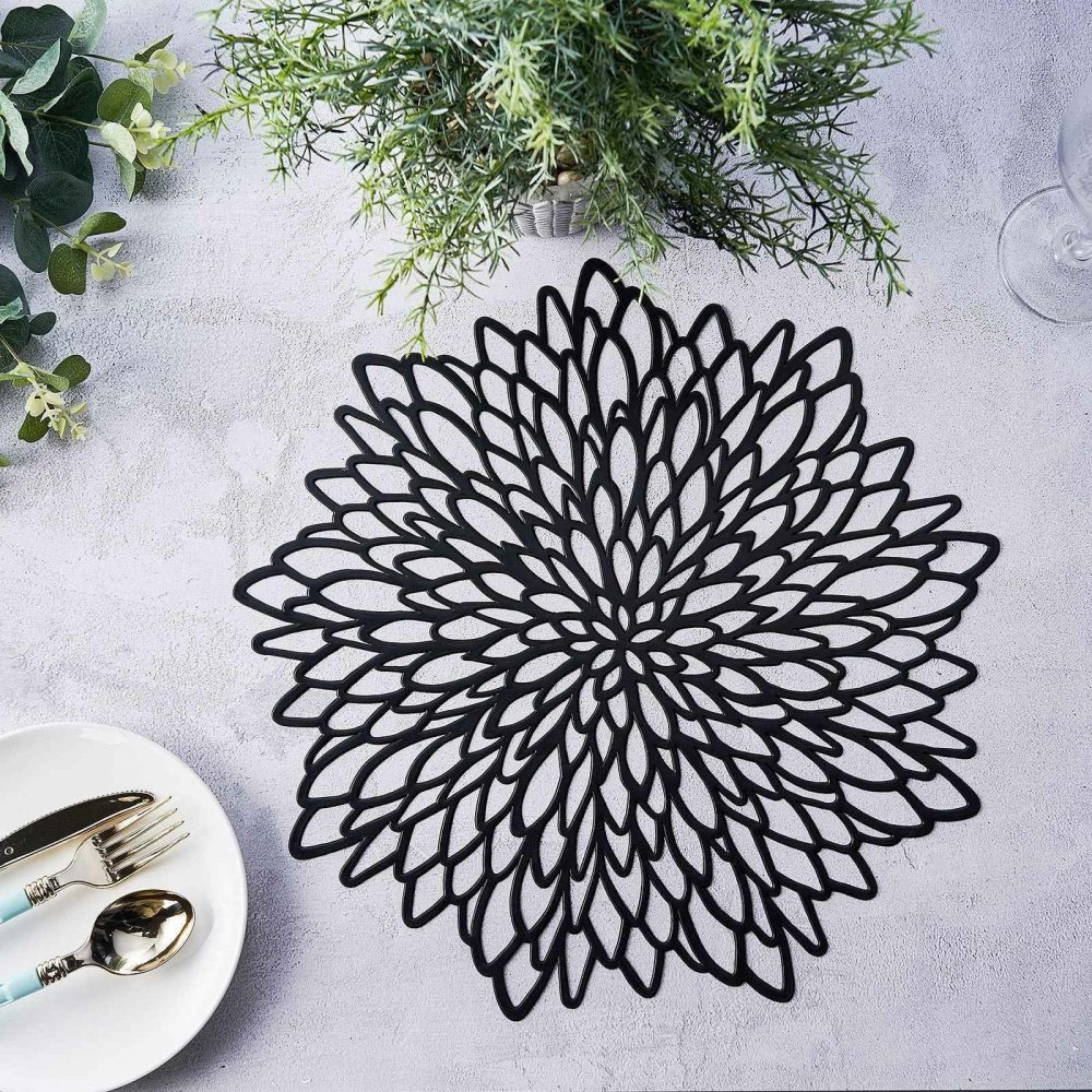 6 Pack Black Decorative Floral Vinyl Placemats, Non-Slip Round Dining Table Mats 15″  |   Reusable Placemats Charger Plates Black