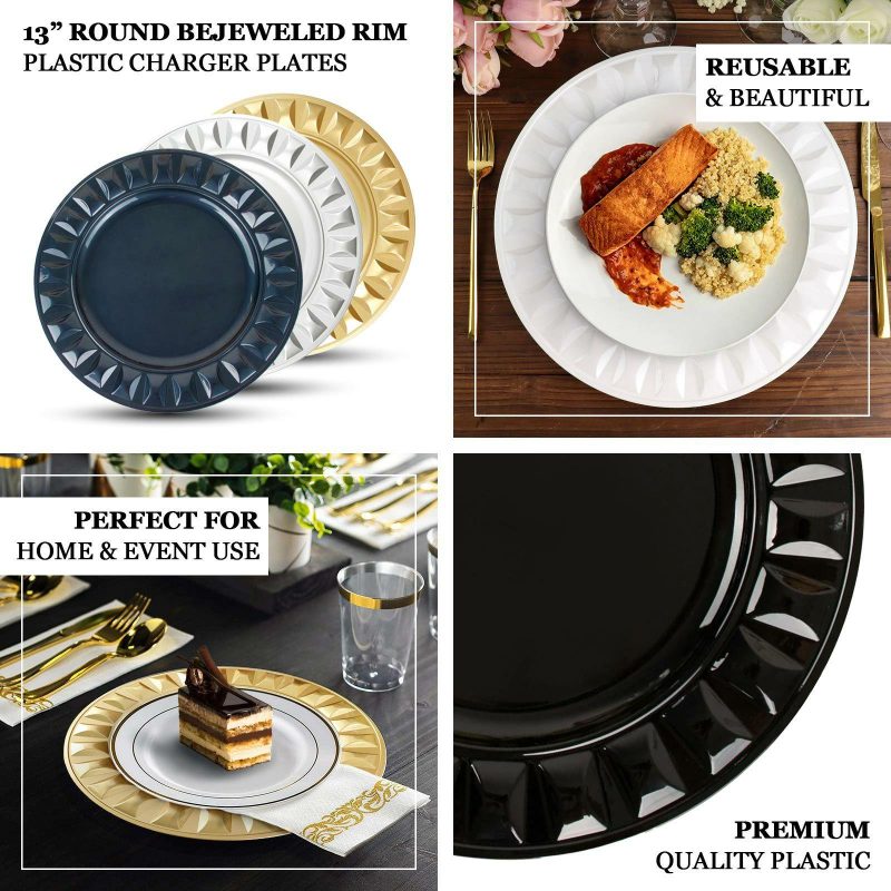 6 Pack Black Round Bejeweled Rim Plastic Dinner Serving Trays, Disposable Charger Plates 13″  |   Acrylic Charger Plates Acrylic Charger Plates Acrylic Charger Plates