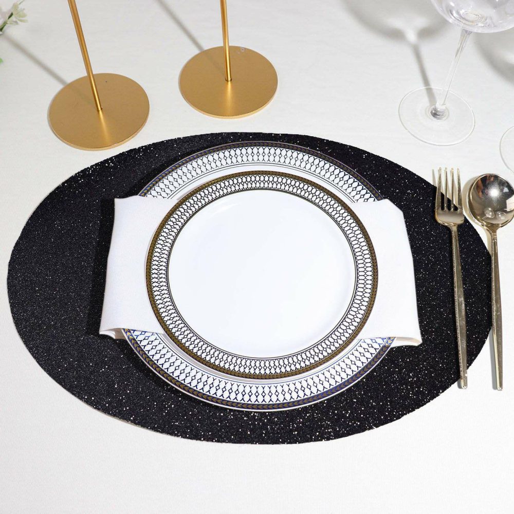 6 Pack Black Sparkle Placemats, Non Slip Decorative Oval Glitter Table Mat  |   Reusable Placemats Charger Plates Black