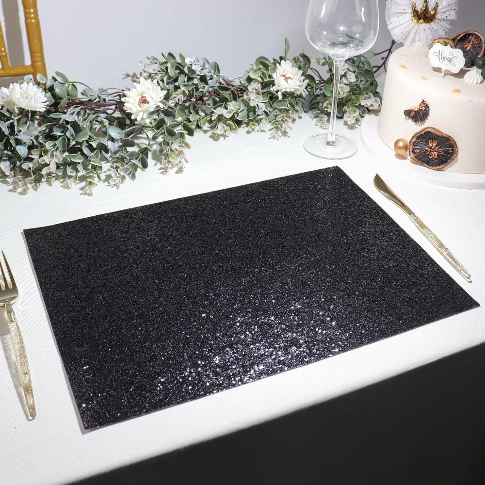 6 Pack Black Sparkle Placemats, Non Slip Decorative Rectangle Glitter Table Mat  |   Reusable Placemats Charger Plates Black