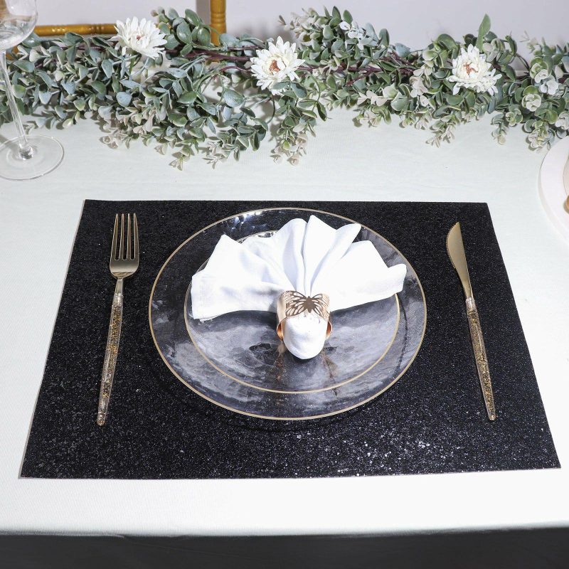 6 Pack Black Sparkle Placemats, Non Slip Decorative Rectangle Glitter Table Mat  |   Reusable Placemats Charger Plates Black