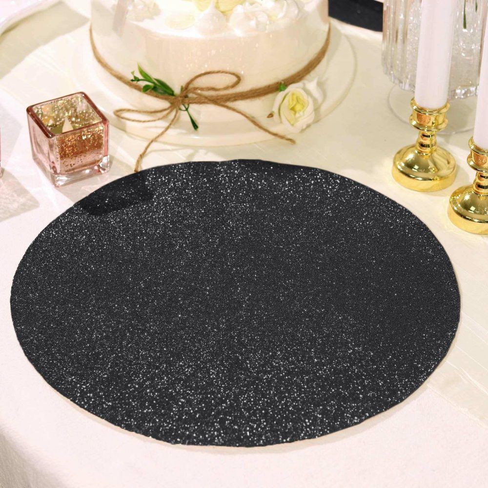 6 Pack Black Sparkle Placemats, Non Slip Decorative Round Glitter Table Mat  |   Reusable Placemats Charger Plates Black