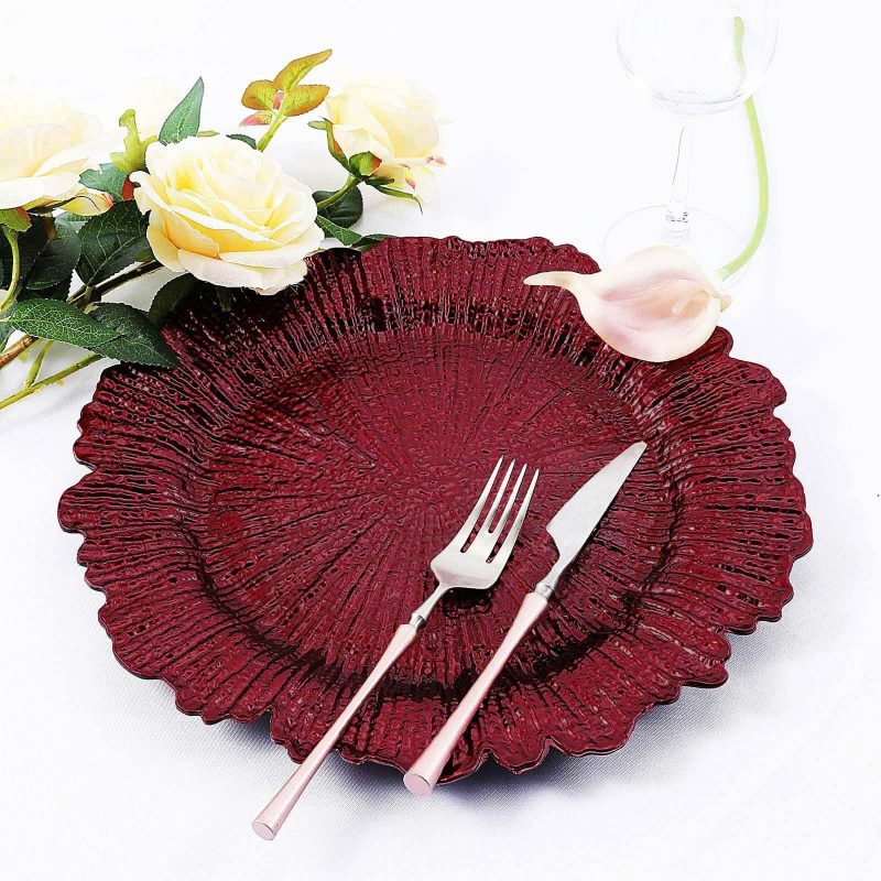 6 Pack Burgundy Round Reef Acrylic Plastic Charger Plates, Dinner Charger Plates 13″  |   Acrylic Charger Plates Acrylic Charger Plates Acrylic Charger Plates