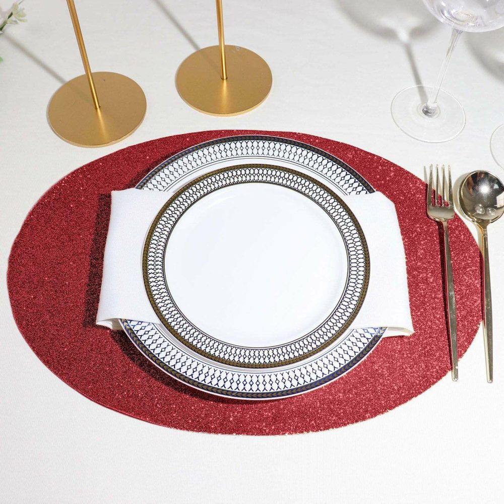 6 Pack Burgundy Sparkle Placemats, Non Slip Decorative Oval Glitter Table Mat  |   Reusable Placemats Charger Plates Burgundy