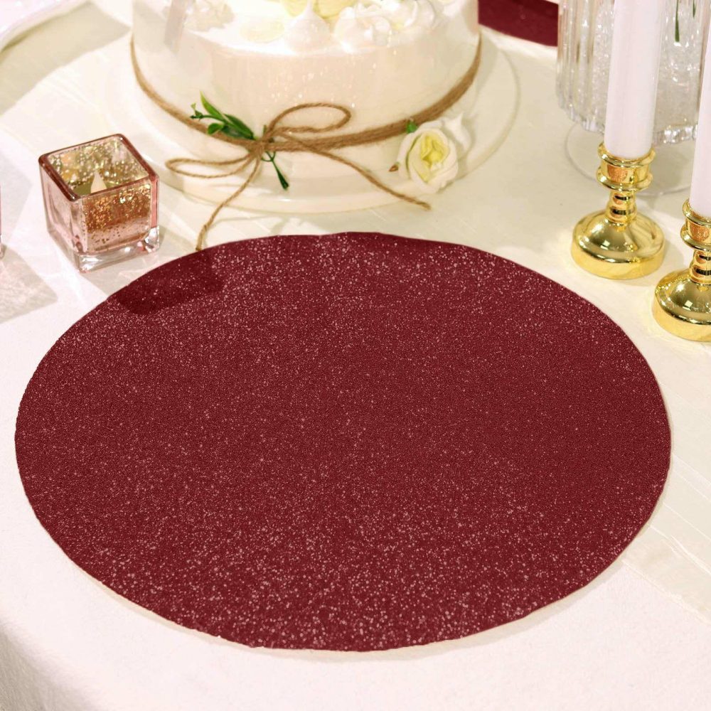 6 Pack Burgundy Sparkle Placemats, Non Slip Decorative Round Glitter Table Mat  |   Reusable Placemats Charger Plates Burgundy