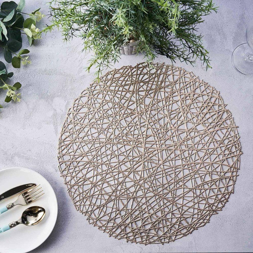 6 Pack Champagne Metallic Woven Vinyl Placemats, Non-Slip Round Table Mats 15″  |   Reusable Placemats Charger Plates Champagne