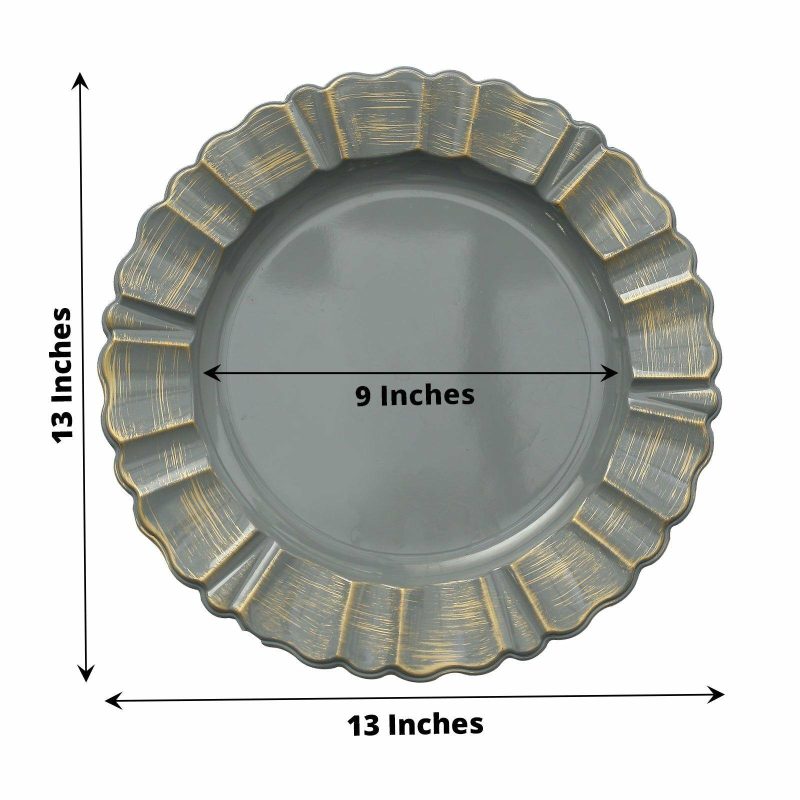 6 Pack Charcoal Gray Acrylic Plastic Charger Plates With Gold Brushed Wavy Scalloped Rim 13″ Round  |   Acrylic Charger Plates Acrylic Charger Plates Acrylic Charger Plates