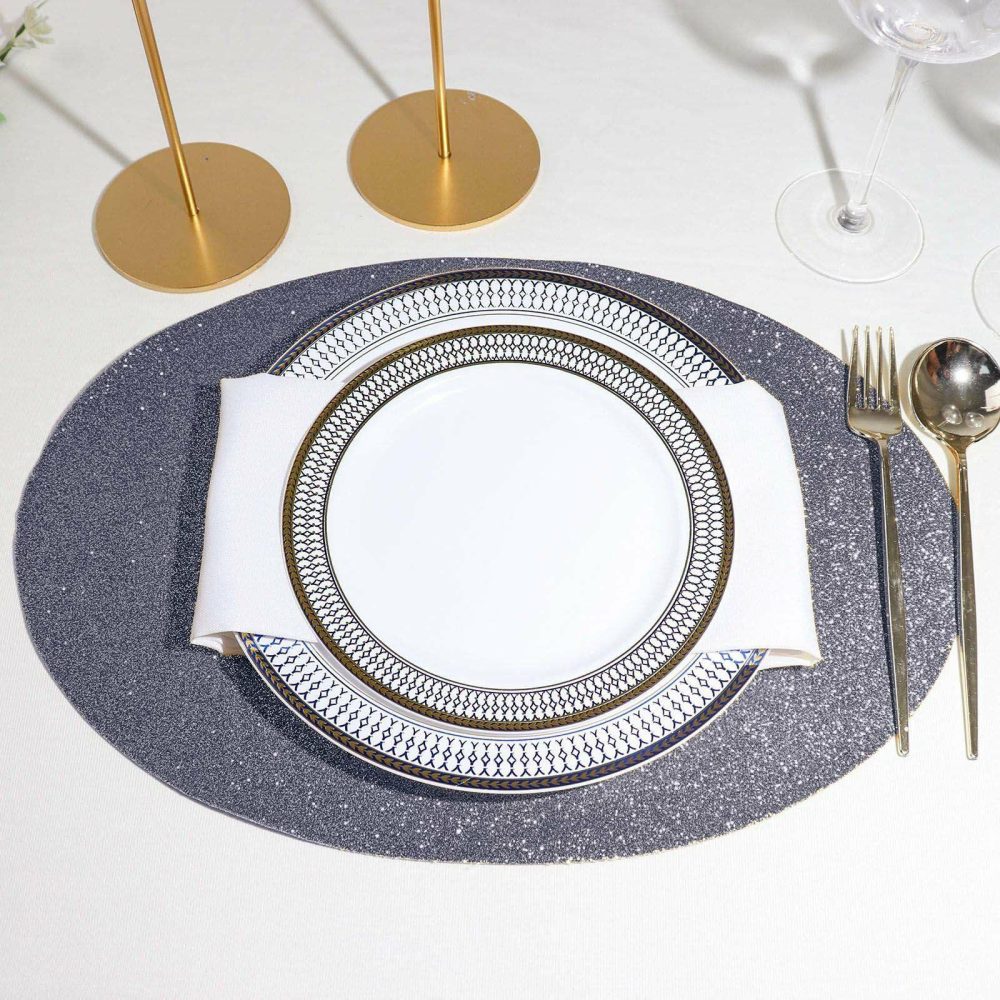 6 Pack Charcoal Gray Sparkle Placemats, Non Slip Decorative Oval Glitter Table Mat  |   Reusable Placemats Charger Plates Charcoal Gray