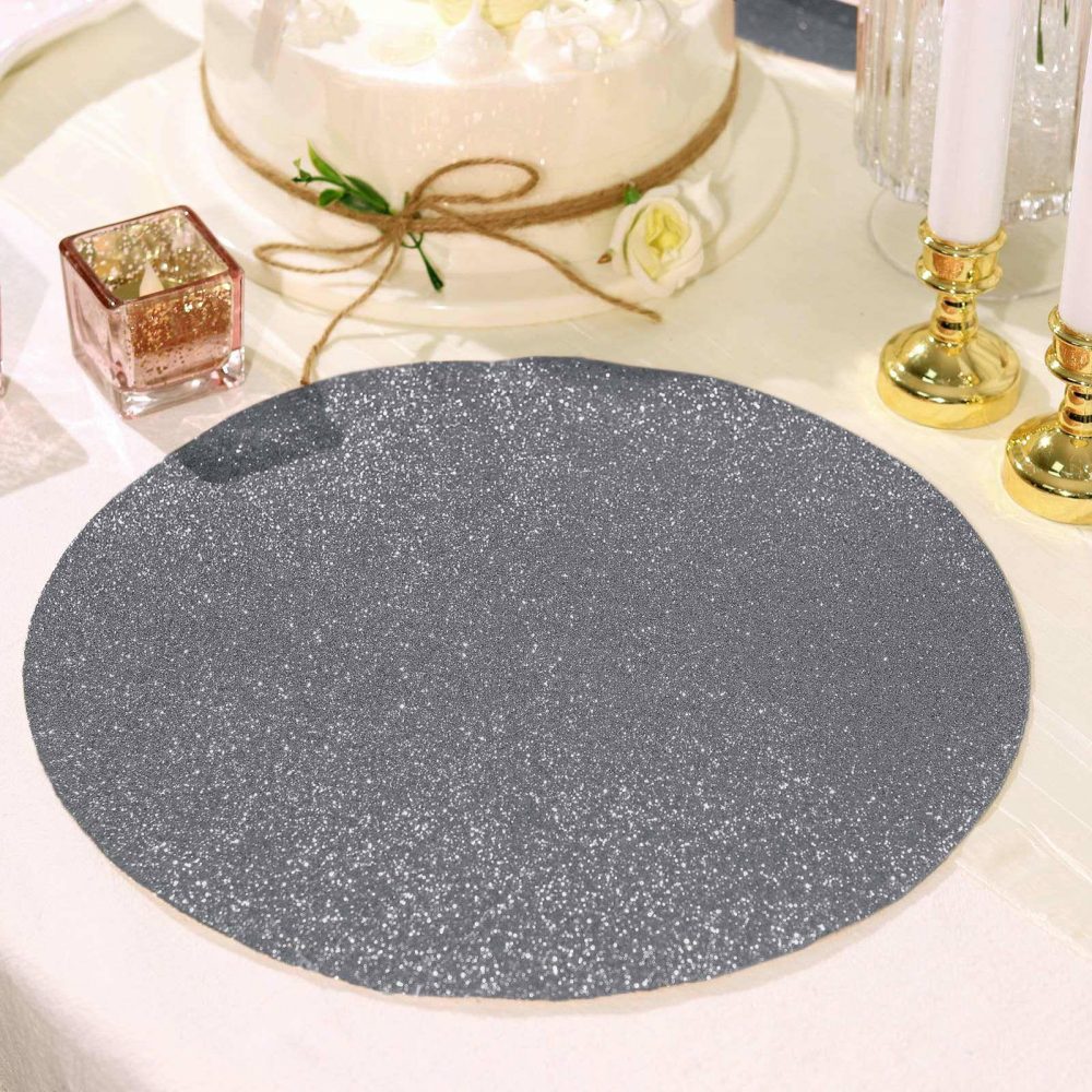 6 Pack Charcoal Gray Sparkle Placemats, Non Slip Decorative Round Glitter Table Mat  |   Reusable Placemats Charger Plates Charcoal Gray