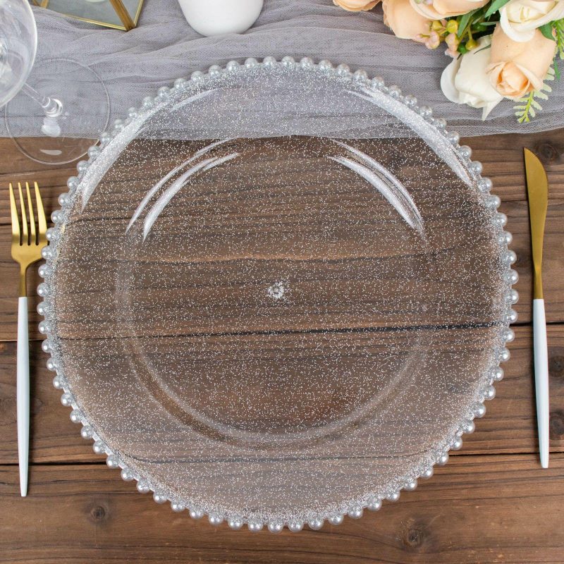 6 Pack Clear Silver Glitter Acrylic Plastic Charger Plates With Beaded Rim – 13″  |   Acrylic Charger Plates Acrylic Charger Plates Acrylic Charger Plates